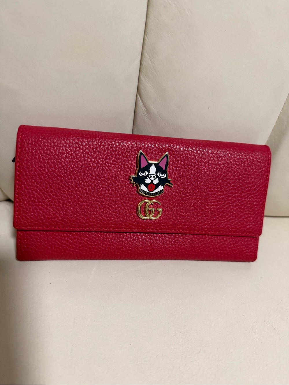 Gucci Red Leather Continental Wallet with Cat Patch and Gold Double G - Picture 10 of 10